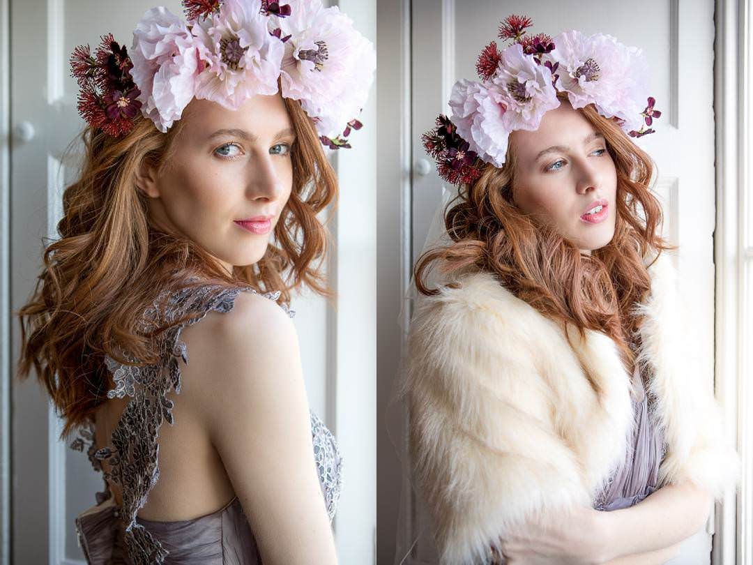 bridal shoot, model wears a lilac dress and pink and lilac floral head dress