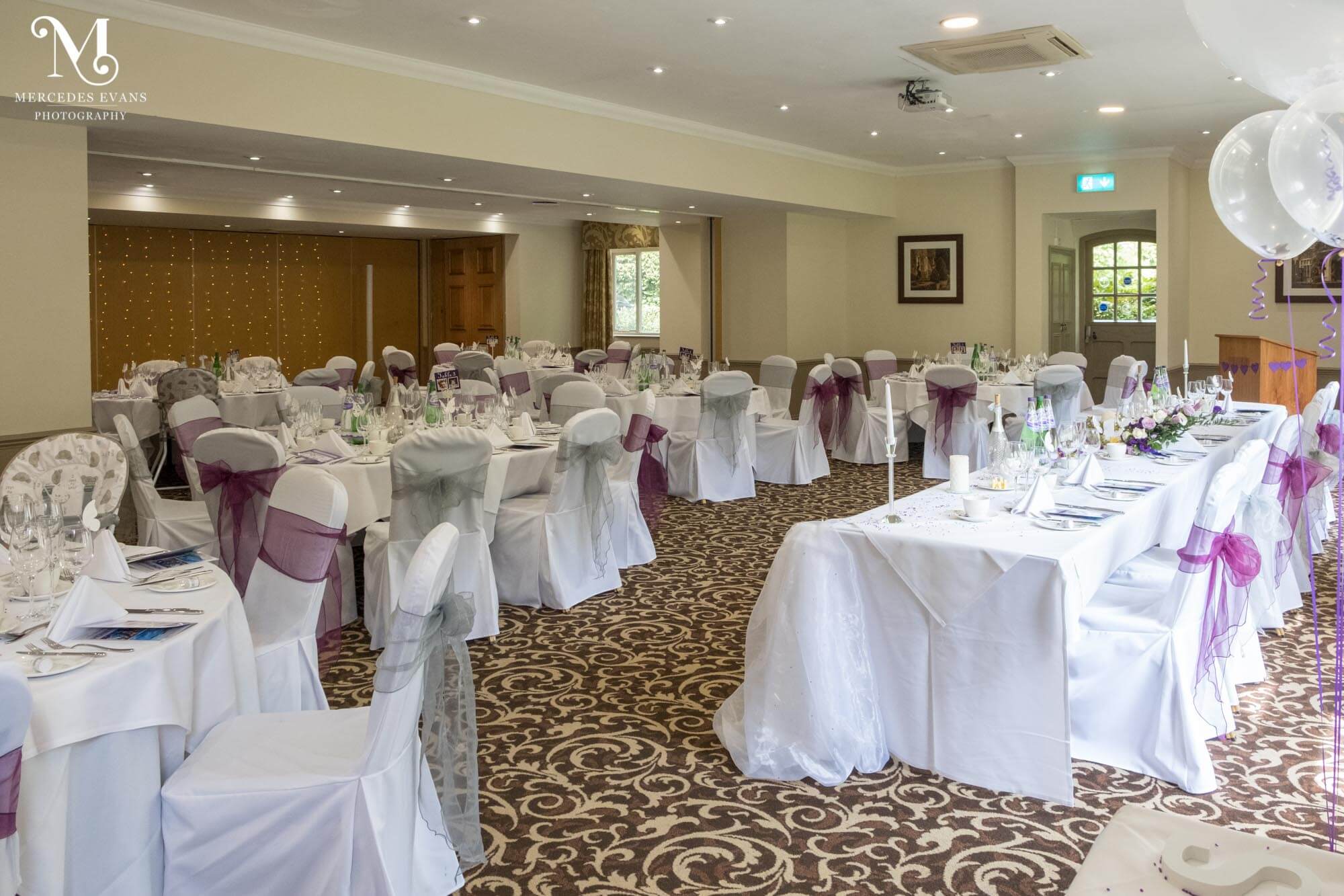 the frimley suite at Frimley Hall decorated for a wedding breakfast