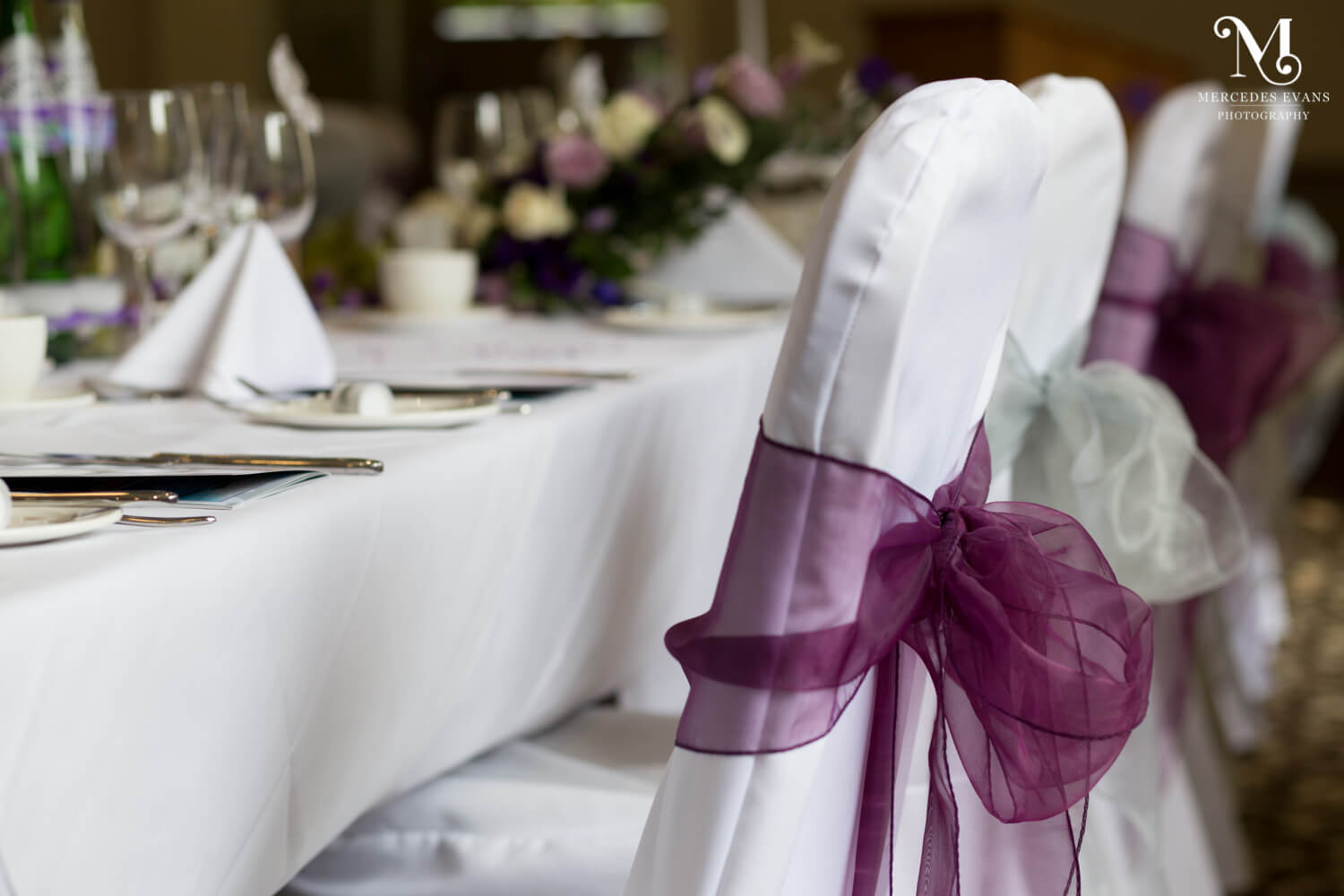 Covered dining chairs decorated with purple and plae green organza bows ready for a wedding breakfast