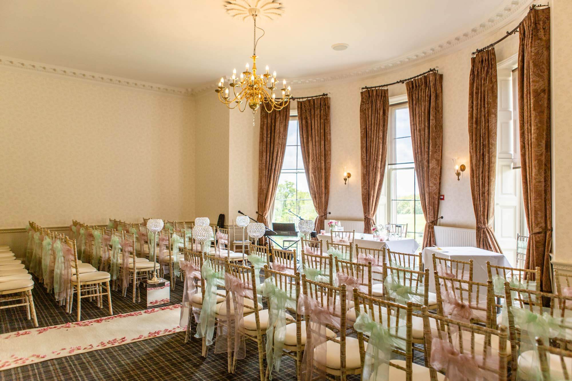 the Wellington room at Highfield Park decorated and ready for the wedding ceremony