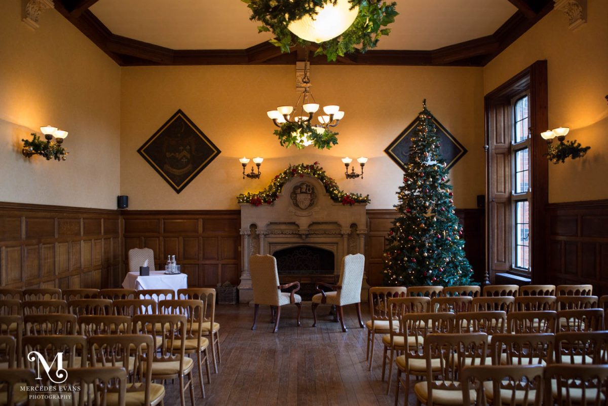 The Oak Room in the Elvetham Hotel decorated for a Christmas wedding