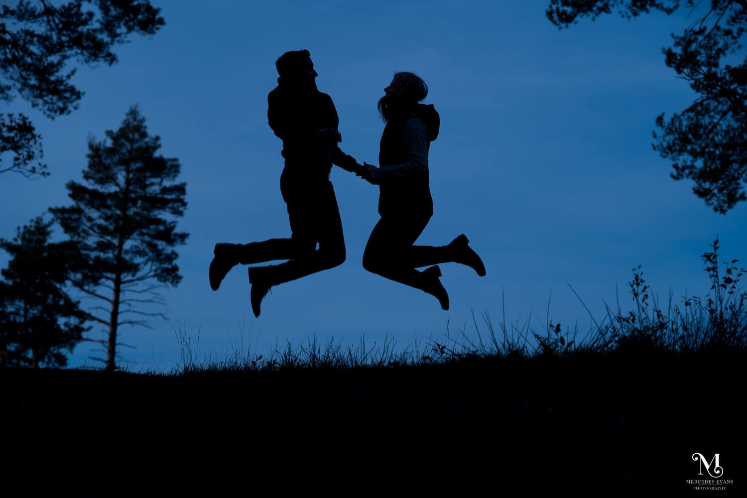a silhouetted couple jump in the air against a dark blue sky